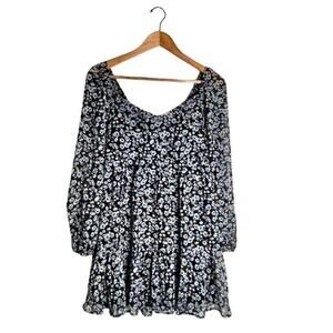 Vintage Trixxi Babydoll Dress MIni Floral Small Black Blue Long Sleeve Sheer
